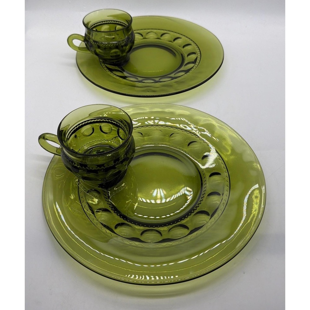 Vintage Green Indiana Glass Kings Crown Thumbprint Snack Plate & Cup Set Of 2